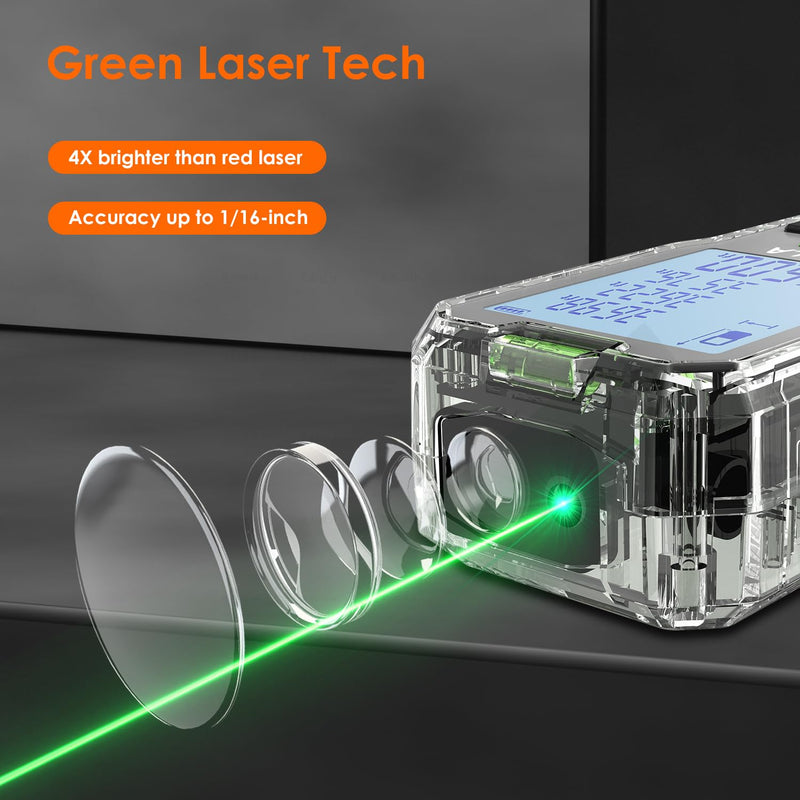 Laser Distance Measuring Tool, 100M/328ft Laser Measure, ±2mm Accuracy Laser Distance Meters with Backlit LCD, Measuring Distance, Area, Volume, Pythagorean Mode for Indoor/Outdoor Use(Green Laser)