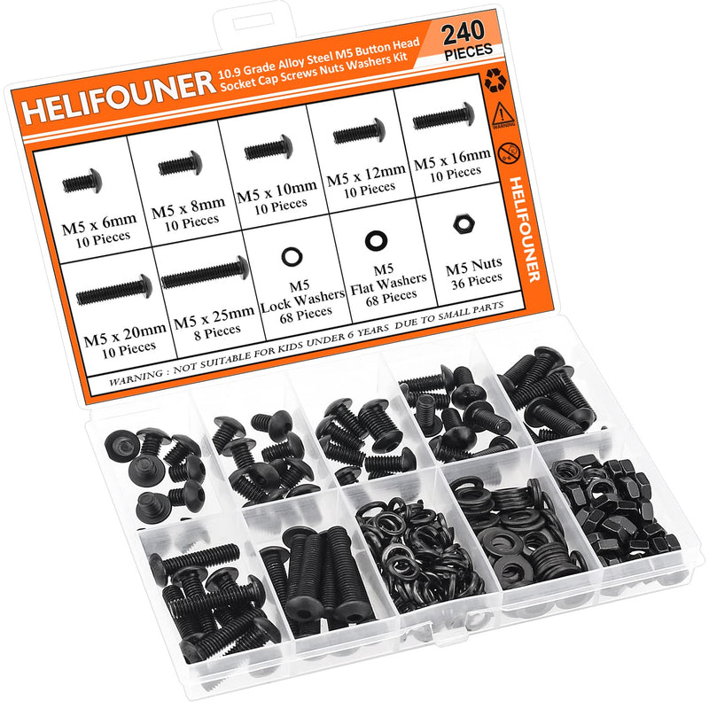 240 Pieces M5 x 6mm /8mm /10mm /12mm /16mm /20mm /25mm, Button Head Socket Cap Screws Bolts Washers Nuts Kit, 10.9 Grade Alloy Steel, Full Threaded, Black