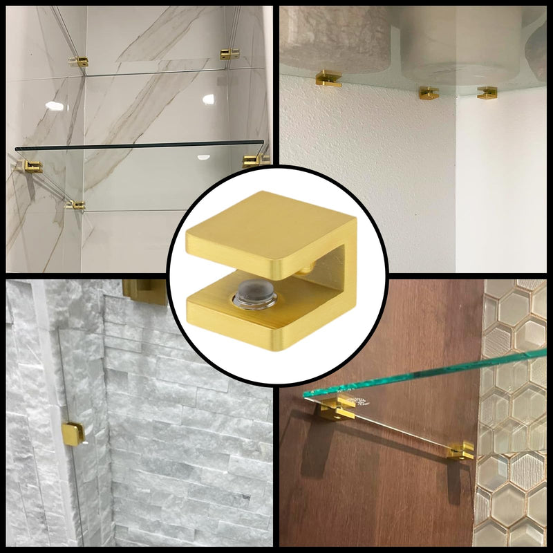 6PCS Glass Shelf Bracket, Shower Bracket | Adjustable Support Clamps, Wall Mount Clamps Clip Support Panel Hardware for 5-8mm Glass Shelves, Gold 6
