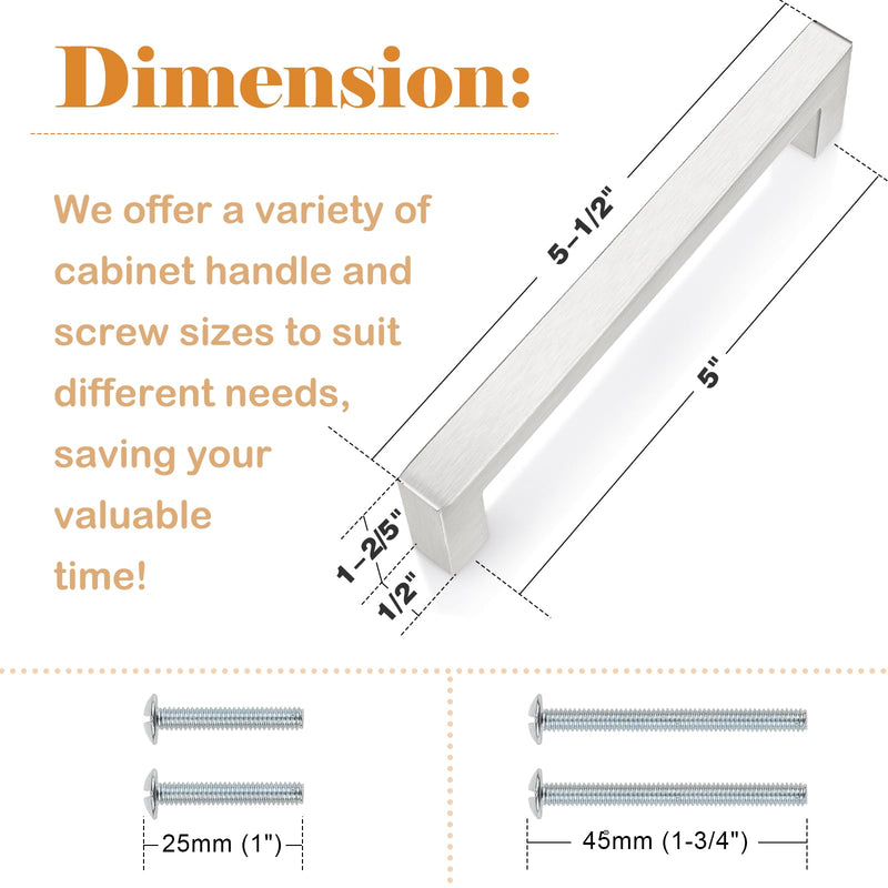 Probrico 25 Pack Stainless Steel Modern Kitchen Cupboard Handles 5 Inch Holes Centers Cabinet Drawer Pulls Brushed Nickel 5.5 Inch Total Length hole center 5"