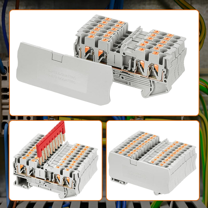 DIN Rail Terminal Block Twin Spring Terminal Connectors Push in Type PT Screwless Wire Wiring Connector with 10 Covers 10 End Stops 6 Jumpers (ST2-2.5/2x2,56 Pcs) 56 ST2-2.5/2x2