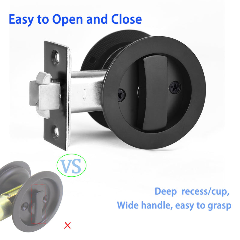 Dontay Pocket Door Lock with Key, Contemporary Entrance Sliding Barn Door Lock Latch, Recessed 2 Sided, 2 3/8" Backset, Flush Handles Hardware(Including Edge Pull,Matte Black,Round - 2 Pack)