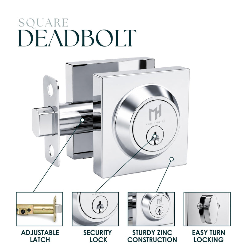 Mega Handles - SUANA Deadbolt I Entrance Deadbolt Lock - Heavy Duty Square Locking Deadbolt for Left or Right-Handed Doors - Interior/Exterior - Polished Chrome 1