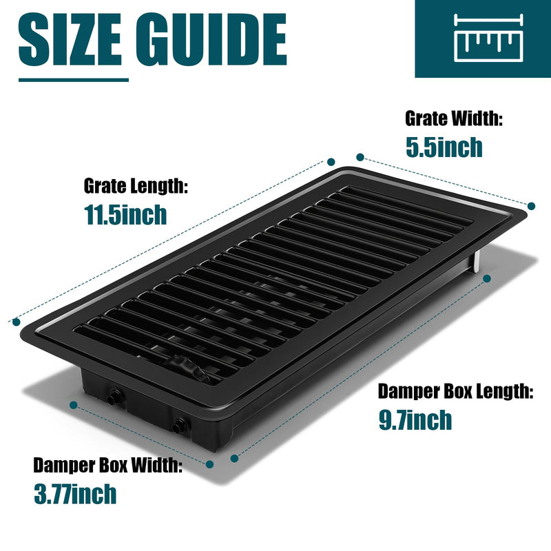 VOISEN Floor Register, 4" x 10" Floor Vents, Steel Adjustable Air Supply Grille Register Vent Cover Grill for Sidewall and Floor(Black) 4"x10"-1 Pack Black