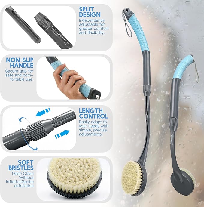 Back Brush Shower, 50.1 Cm Bath Brush With Long Handle, Curved Handle Back Brush For Showering Elderly And Disabled People, Limited Mobility, Optimal Back Care (Blue)