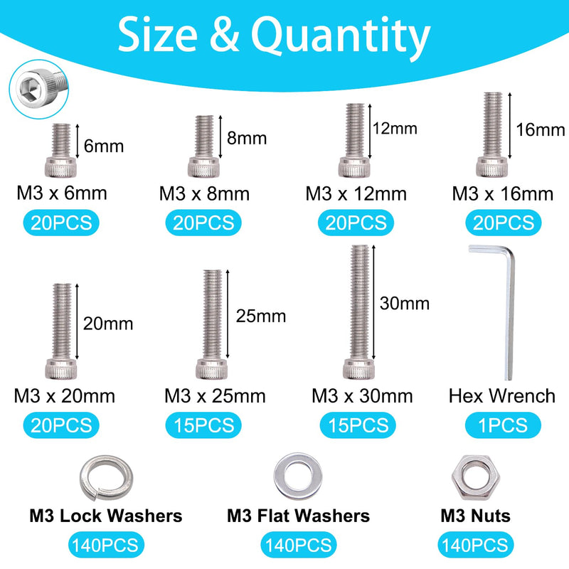 550PCS M3 Screw Kit, M3 x 6/8/12/16/20/25/30mm Hex Socket Head Cap Screws Bolts Nuts Washers Assortment Kit, 304 Stainless Steel M3 Bolts with Hex Wrench