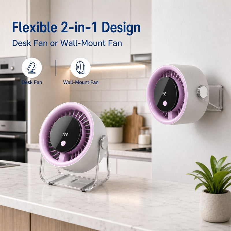 Coolking Small Desk Fan Quiet, 199 Speeds Battery Operated Rechargeable Fan Purple