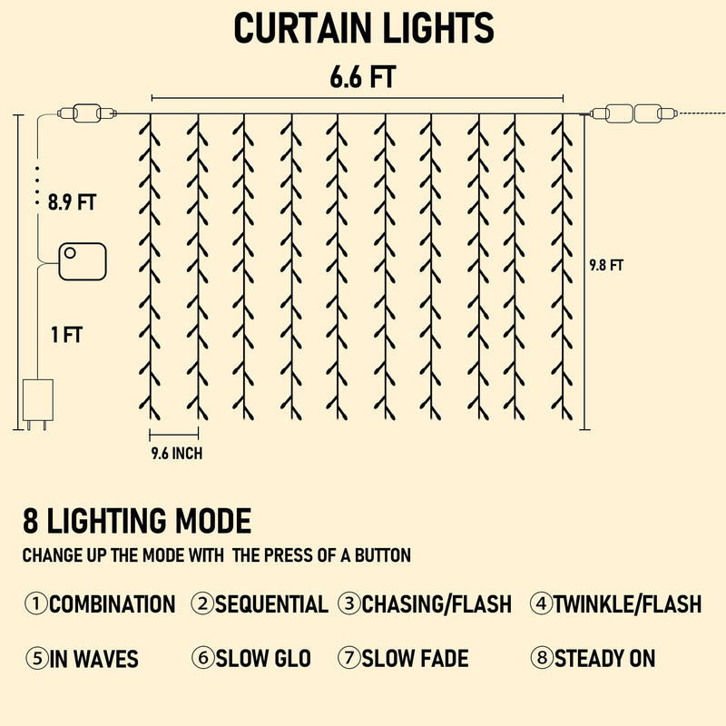 Dazzle Bright 300 LED Curtain String Lights, Christmas Fairy Lights for Bedroom with 8 Lighting Modes, Connectable Waterproof Window Lights Party Wedding Garden Wall Decor, Warm White
