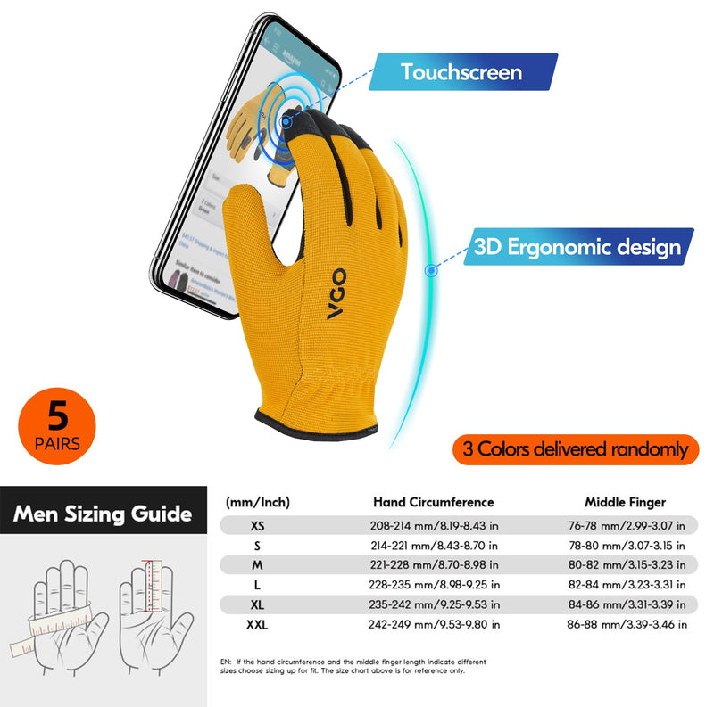 Vgo... 5-Pairs High Dexterous Work Gloves For Men Women,Breathable,Light Duty,Excellent Grip,Value Pack (L, 5 Colors, AL8736) Small Black+yellow+red+blue+gray