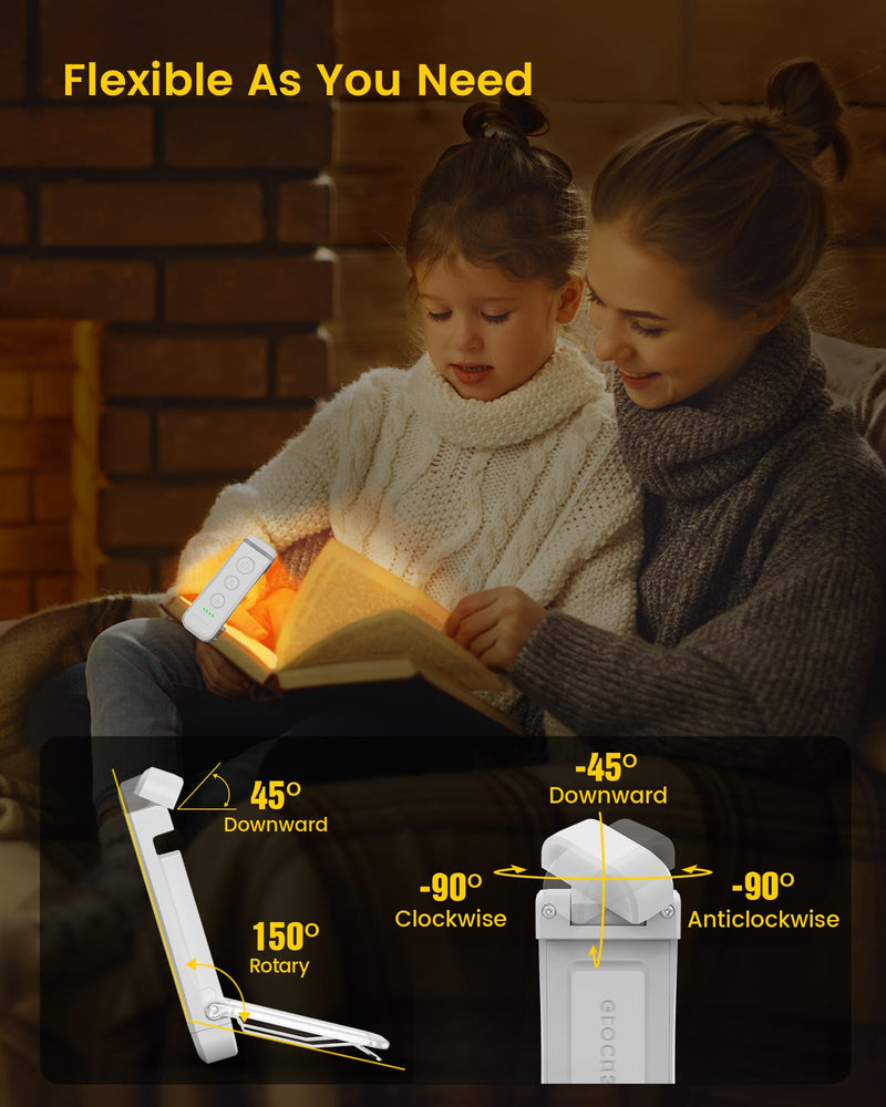 Glocusent USB Rechargeable Book Light for Reading in Bed, Portable Clip-on LED Reading Light, 3 Amber Colors & 5 Brightness Dimmable, Compact & Long Lasting, Perfect for Book Lovers, Kids White