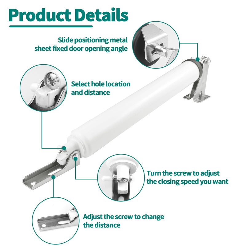 2 PCS Screen and Storm Door Closer Kit, Heavy Duty Pneumatic Screen and Storm Door Closer, Screen and Storm Door Push Button Latch Set Replacement Kit, Adjust Smooth Closing Speed (White) 2 PCS White