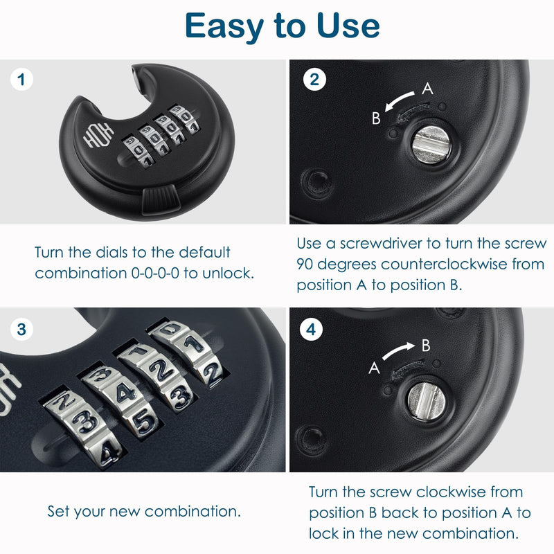HOX Combination Lock, 4 Digit Disc Padlock with 3/8 Inch Hardened Steel Shackle, 2-3/4 Inch Zinc Alloy Wide Body, Keyless Heavy Duty Combo Lock for Hasp Latch, Sheds, Fences, Storage Locker (4 Pack) 4 Pack