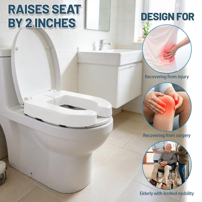 2 Inch Toilet Seat Riser Elevated for Seniors & Handicap, High Density Foam Padded Raised Toilet Seat Cushion, Fits Standard Elongated Toilets, Soft PU Leather, White