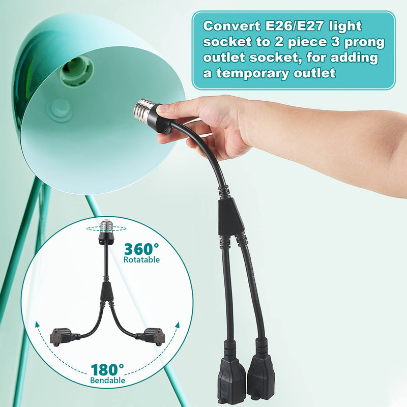 2 in 1 Light Socket to Plug Adapter, Convert E26/E27 Bulb Socket to 2 Pieces 3 Prong Outlet with Extension Cord, Flexible Light Bulb Socket Converter Suitable for Porch Patio Garage Use(Black) Black