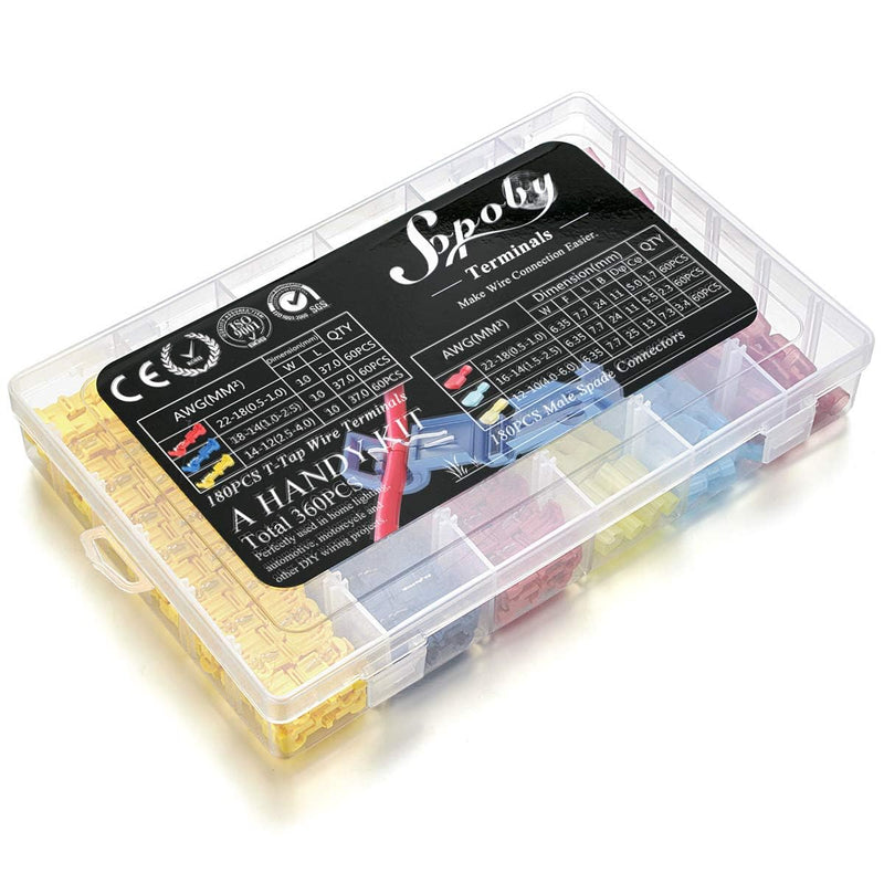Sopoby 360PCS T Tap Wire Connectors AWG 22-10 Electrical Connectors Waterproof Quick Wire Splice Taps with Insulated Male Quick Disconnect Terminals Assortment Kit