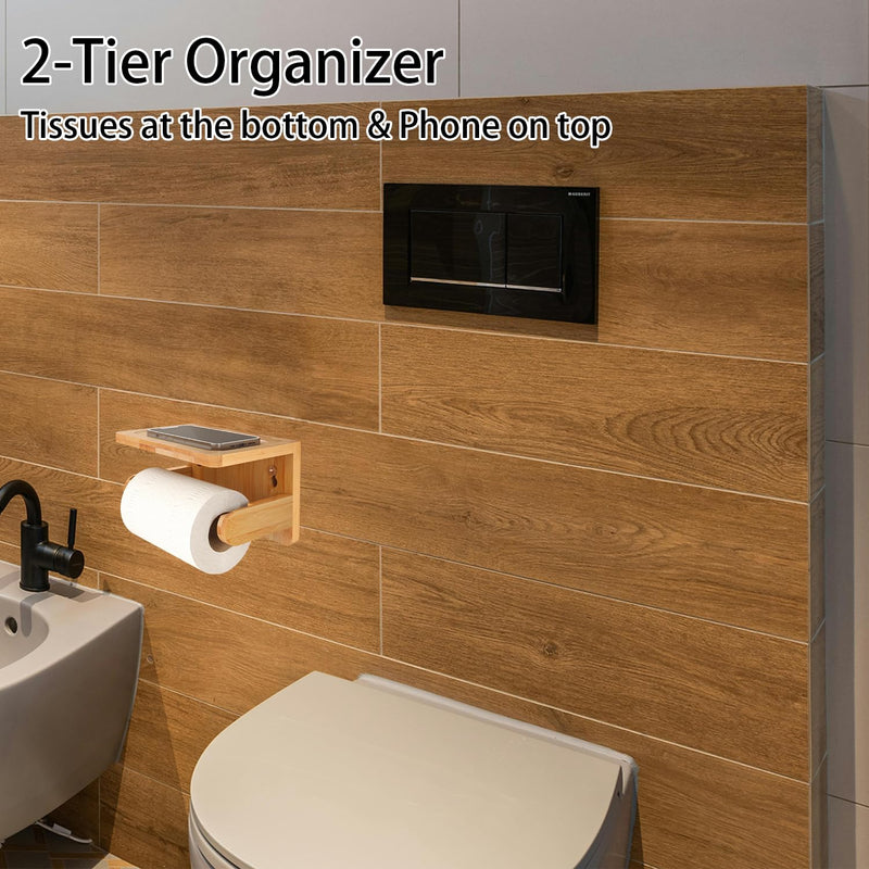 Drill-Free Toilet Paper Holder with Phone Shelf Bamboo Wall-Mounted, No-Drill & Drillable, Bathroom Storage Organizer, Space Saver Tissue Roll Rack for Bathroom, Kitchen, Home Decor (Natural) Natural