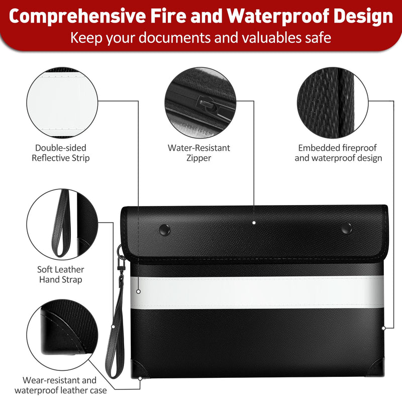 Vailoin 5200℉ Insulated Fire Proof Money Bag for Cash,Portable Waterproof Fireproof Document Bag with Reflective Strip,Fireproof Envelope for Cash,Important Documents,Valuables(11"x7.7", Black) 11"x7.7"