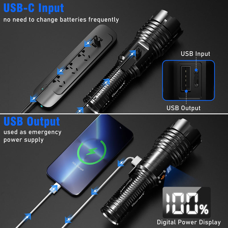 Goreit Flashlights LED High Lumens Rechargeable, 20,000 Lumens XHM77.2 Super Bright Flash Light USB, Handheld Flashlight High Powered, Powerful Flashlight Waterproof for Emergency Camping Gift Black