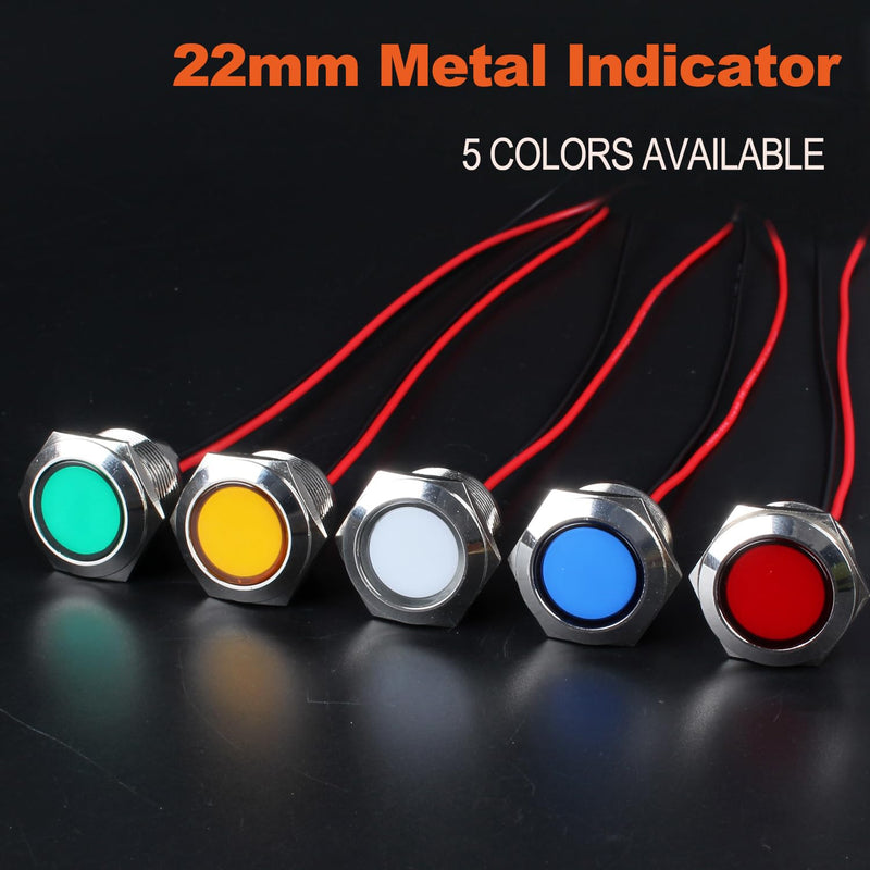2PCS 22mm (7/8") LED Indicator Light, 12-24V AC/DC 20mA Energy Saving Metal Waterproof IP67 Single lamp LED Pilot Lamp Flat Head with 20cm/7.87in. Wire for Car Truck Boat(Green LED) Green 12-24V 22mm