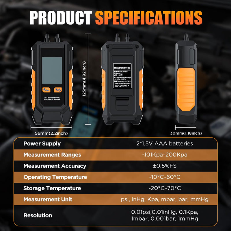 Manometer Gas Pressure Tester -101 to 200KPa Digital Manometers Dual-Port Gas Manometers HVAC with Auto Calibration, Backlight LCD Display, Data Hold Air Pressure Meter