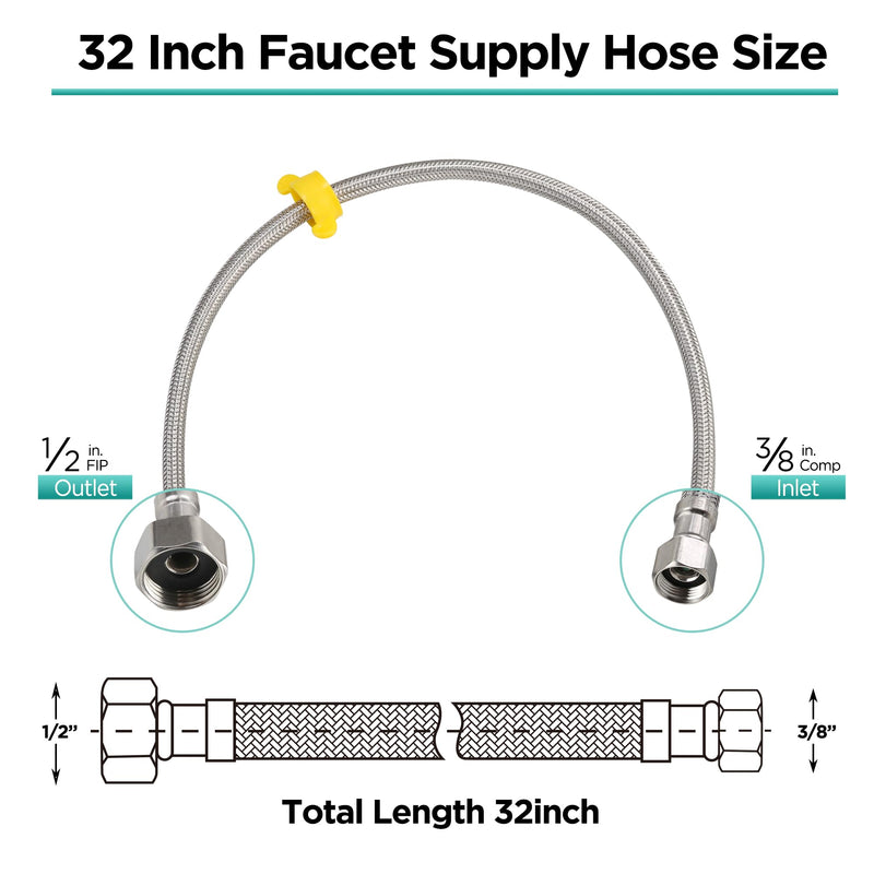 32-Inch Faucet Connector Flexible Hose Stainless Steel Braided Supply Line 1/2" FIP x 3/8" COMP Connects Kitchen sink to Water Supply Pack of 2 32Inch