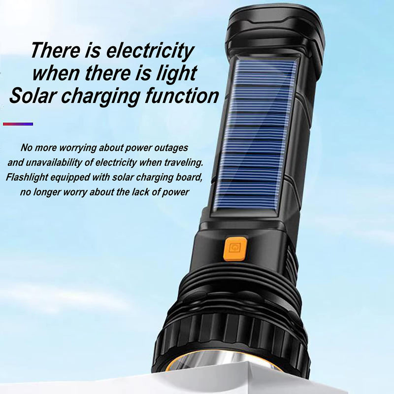 Solar/Rechargeable Multi Function 1000 Lumens LED Flashlight, with Emergency Strobe Light and 1200 Mah Battery, Emergency Power Supply and USB Charging Cable, Fast Charging (1PC) Black 1PCS