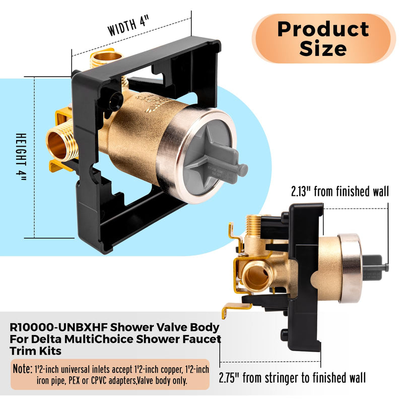 R10000 UNBXHF Universal Shower Valve Body Replace for Delta Faucet MultiChoice Bathtub and Shower Valve Body, for Tub Faucet Trim Kits, Fits Single or Dual Function Showers, Brass Body