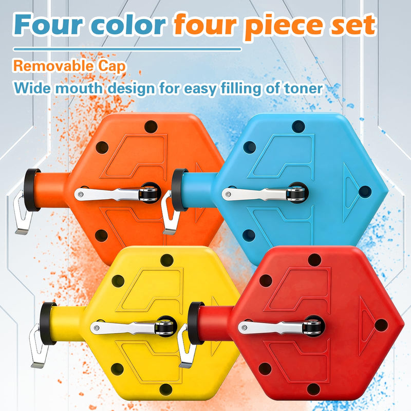 4 Pcs Chalk Line Tool Set, Portable 100 ft Marking Reel with PP Chalk Box for Construction, Woodworking, Bricklaying, Straight Line Marking, Orange & Blue (4, Orange + Blue + Yellow + Red) 4