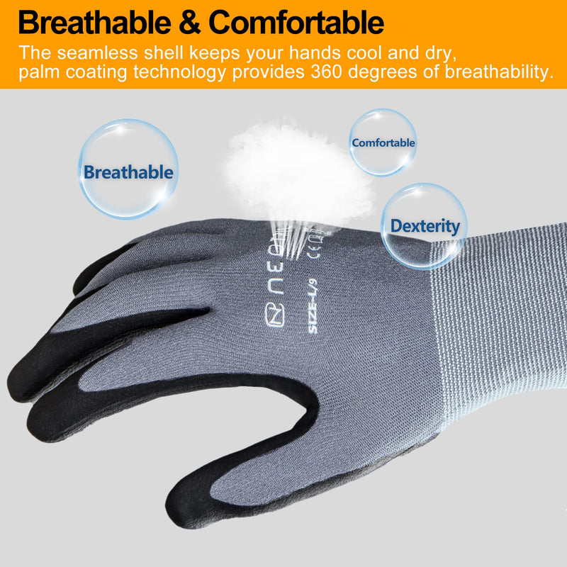 Safety Work Gloves MicroFoam Nitrile Coated-3/6/12/36 Pairs,Breathable Nylon Working Gloves for Men Women 9/Large 3 Pairs/ Grey