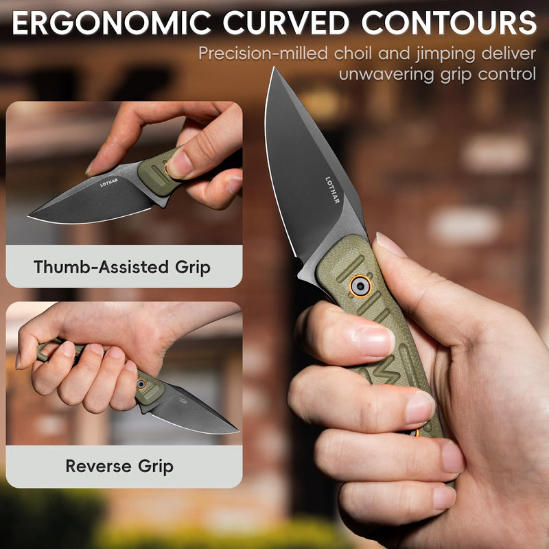 LOTHAR TURTLE Small Fixed Blade Knife, Horizontal Carry Knife | 2.75" 14C28N Steel EDC Neck Knife with Green G10 Handle & Kydex Sheath, Bushcraft Survival Hunting Knife, Gift for Men Women9