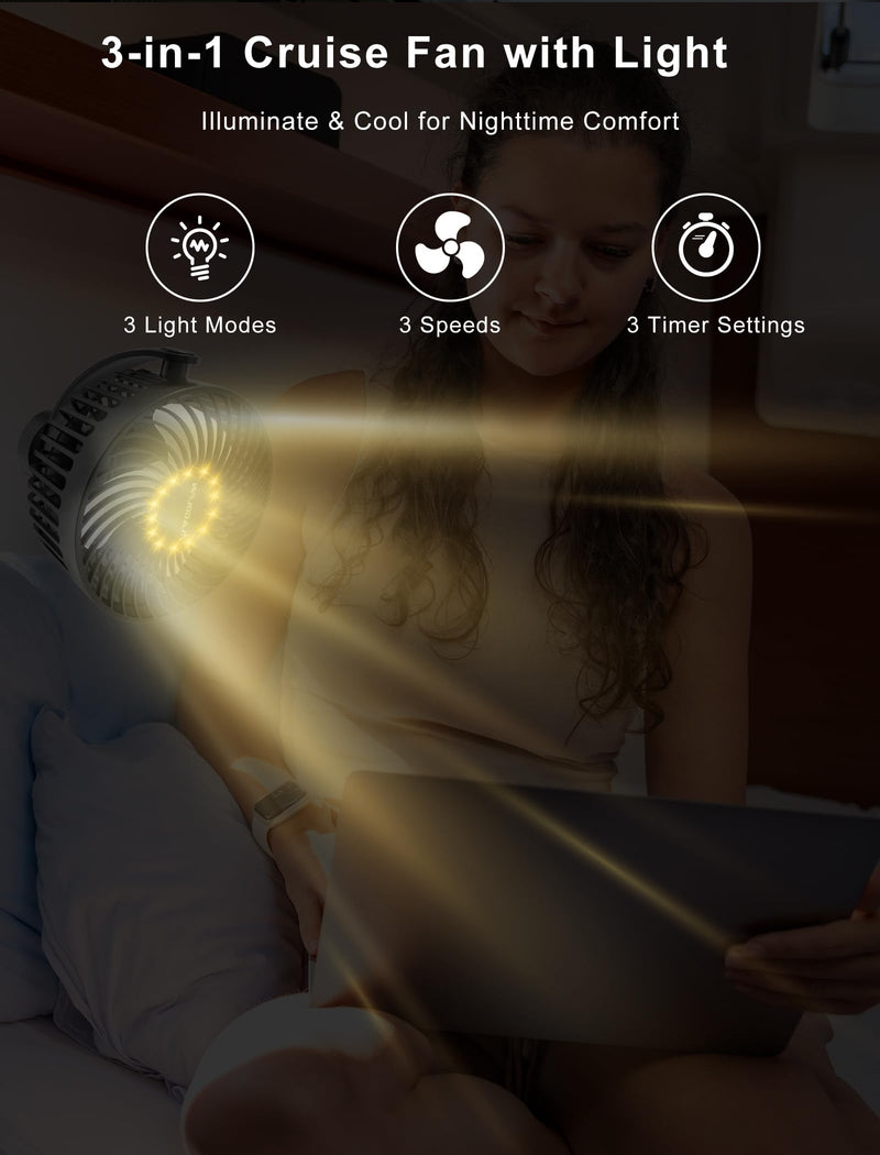 Magnetic Cruise Ship Approved Fan, 12000mAh Battery Operated Travel Fan with 5 Speeds, LED Lantern, Timer, Magnetically Sticks on Cabin Ceilings and Walls, Cruise Essentials 2026 Black