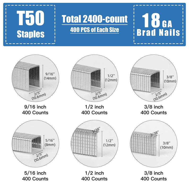 Heavy Duty T50 Staples and 18GA Brad Nails, 2400-Count 6 Sizes Includes: 5/16", 3/8", 1/2", 9/16" T50 Staples and 3/8", 1/2" Brad Nails Assorted, Galvanized Assembly 2400