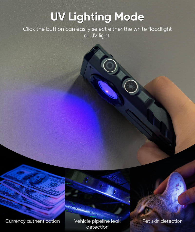 ZF8313 Rechargeable Flashlight, Magnetic EDC Flashlight Rechargeable, 2000 Lumens LED Flashlight with RGB and UV Lighting Source for Outdoor, Car Repairing