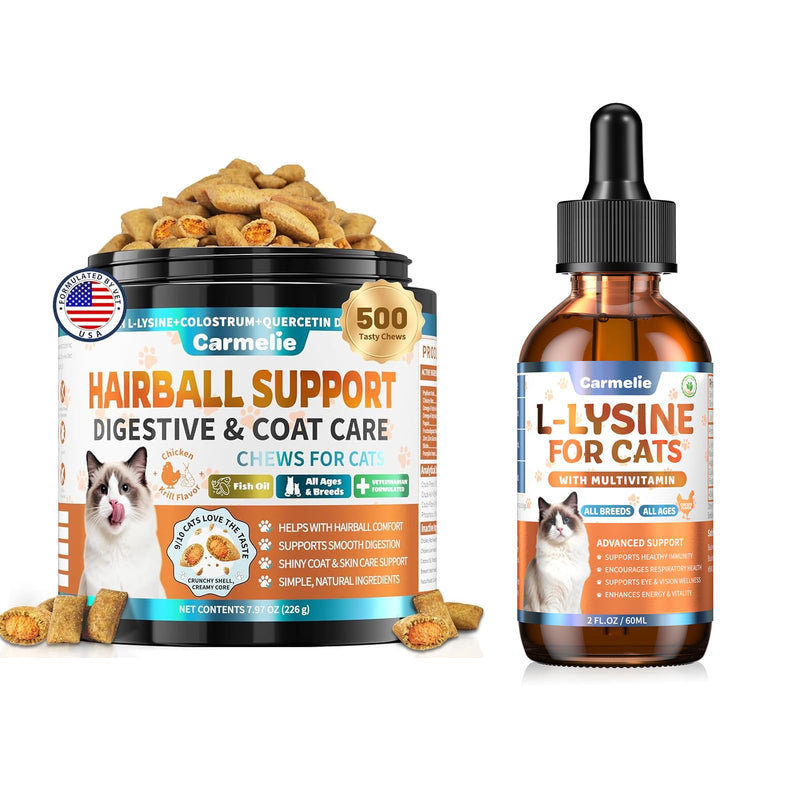 Cat Hairball Support Chews – 500 Hairball Treats L-Lysine Supplement for Cats - Immune & Respiratory Support