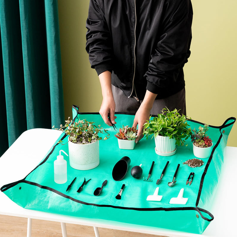 Melphoe 25Pcs Mini Garden Hand Transplanting Succulent Tools Set, 39.4" Thickened Repotting Mat & Plant Tag, Miniature Planting Indoor Fairy Care, Potting, Cactus, Houseplant Bonsai Tool Kit (Black) Black