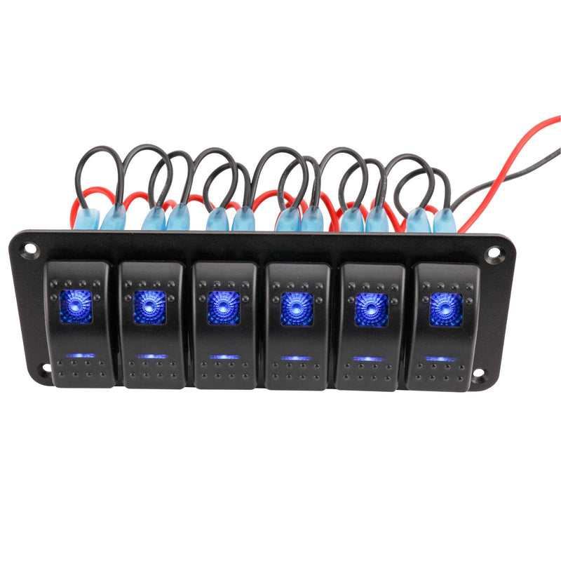 Amarine Made 12-24V Boat Switch Panel Illuminated Rocker Switch Aluminum Pre-Wired Panel 6 Gang Toggle Switches Dash 5 Pin ON/Off 2 LED Backlit for Bus Boat Car Marine Blue LED IP65 (6 Gang)