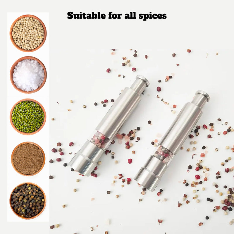 Modern Thumb Click Salt and Pepper Grinder with Refillable Peppermill - Perfect for Himalayan Salts, Black Pepper, Sea Salt, Peppercorns, Spices Push Button for 1 hand operation (set) Stainless Steel Set