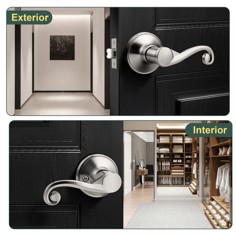 Elegant Brushed Nickel Interior Door Handles for Closet and Hallway, 2 Pack Passage Door Handle Lever with Modern Style and Durable Finish Satin Nickel