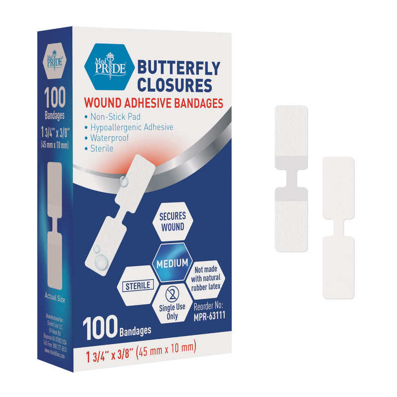 MED PRIDE Butterfly Wound Closures [Pack of 100 Butterfly Stitch Bandages]- Sterile Wound Closure Strips with Non-Stick Pad & Hypoallergenic Adhesive- Rubber/Latex Free for Cuts & Injuries Medium