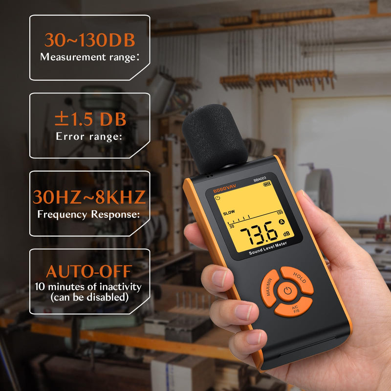 Decibel Meter Sound Level Monitor, 30-130dB High Accuracy, A/C Weighted, Fast/Slow Response, Backlit LCD, Portable for Home Factory Office School