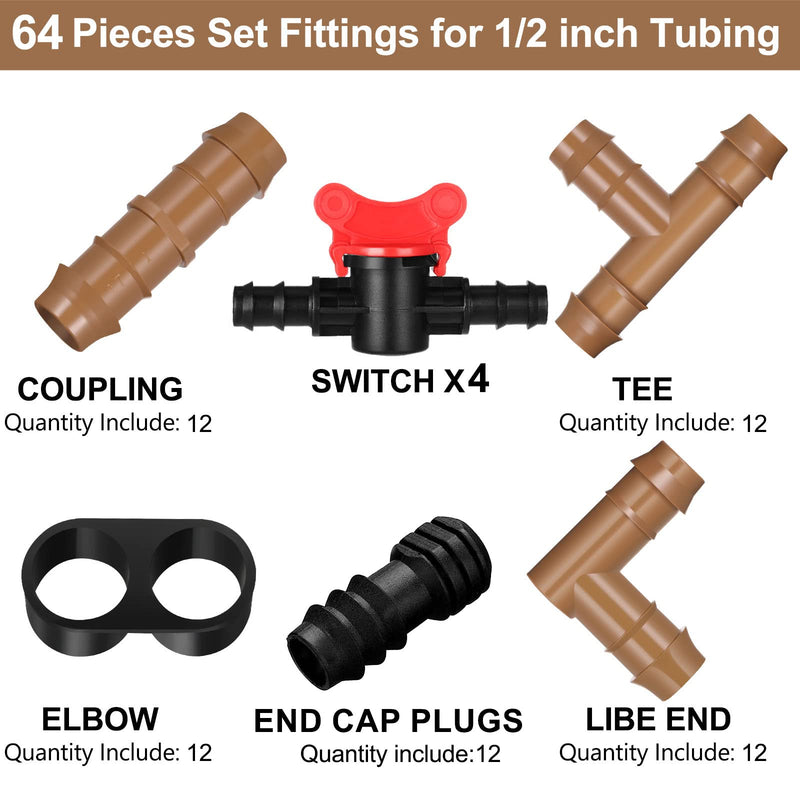 64 Pcs Drip Irrigation Fittings Kit 1/2 Inch Tubing Set Including 4 Switch Valve, 12 Elbows, 12 Couplings, 12 End Cap Plugs, 12 Tees and 12 End Closures Drip for Compatible Drip or Sprinkler Systems