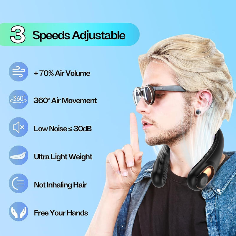 KIDEE Neck Fan, Portable Bladeless Neck Fans, Upgrade 360° Airflow, Super Quiet, 3 Speeds, 4000mAh Personal Wearable Neck Fan, Upgraded Cooling Air Volume USB Rechargeable Hands Free Fan Dark-black