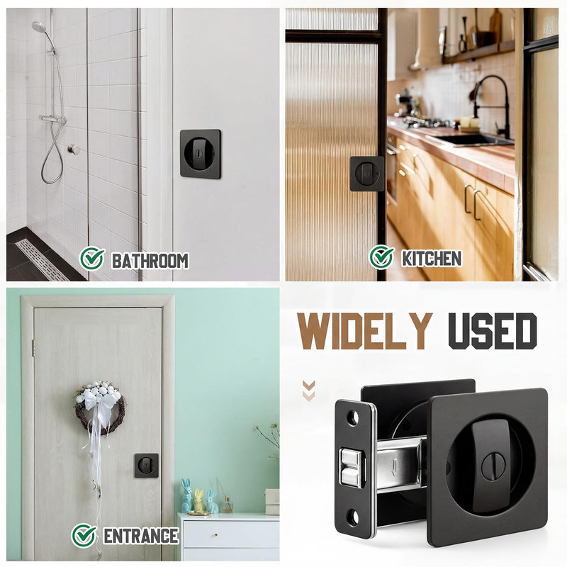 Hicarer 1 Set Pocket Door Privacy Lock with Edge Pull, 2-3/8" Backset, Stainless Steel, 2 Sided Recessed Knob, Pocket Door Hardware for 1-3/8" to 2-3/16" Bathroom & Sliding Doors (Square,Black) Black Square
