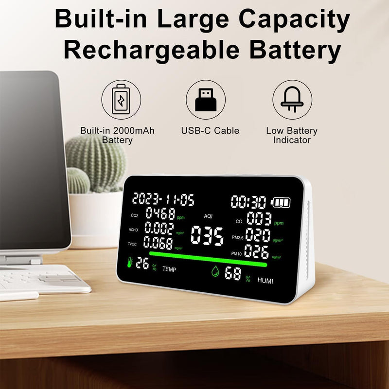 11-in-1 Air Quality Monitor, Indoor CO2/VOC/AQI/PM2.5/Thermometer/Humidity Monitor, Portable Smart Air Quality Meters, Air Quality Tester for Home Office Outdoor, Battery Powered (Black) Black