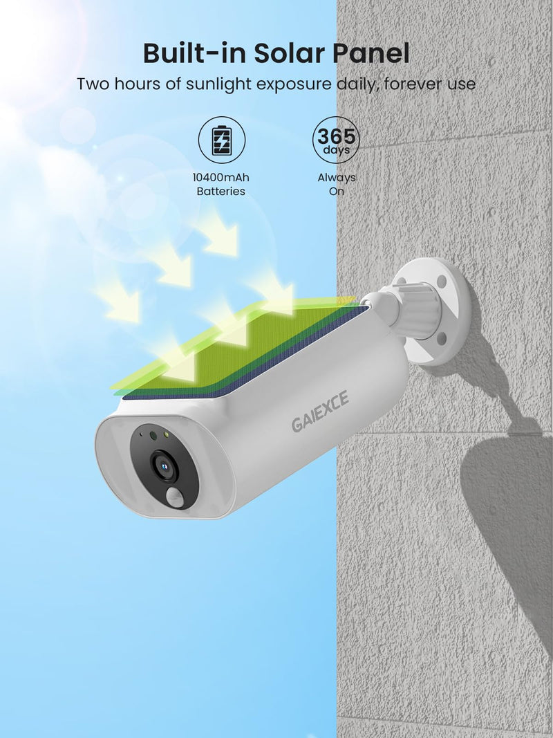 Solar Security Camera, Wireless Security Camera Outdoor, 2K with Integrated Solar Panel, Night Vision, Continuous Power, 2.4/5 GHz Wi-Fi, for Surveillance, Compatible with Alexa Add on Cam