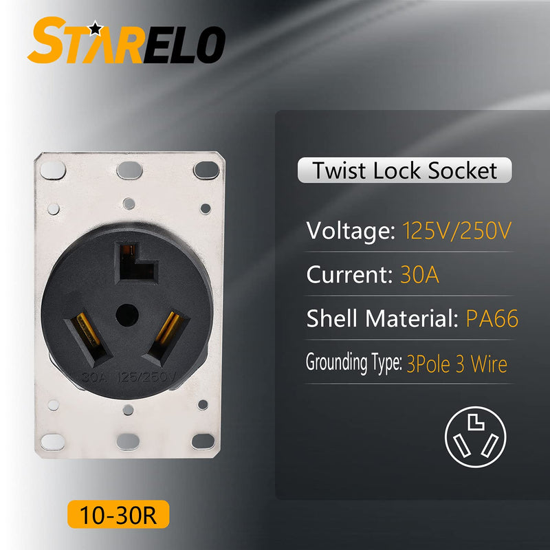 STARELO Flush Mounting Receptacle 10-30R, 30A 125/250V 3 Pole 3 Wire, No Grounding, Straight Blade, Outlet for Electric Dryers, Heavy Duty Industrial Grade Power Receptacle, (10-30R)