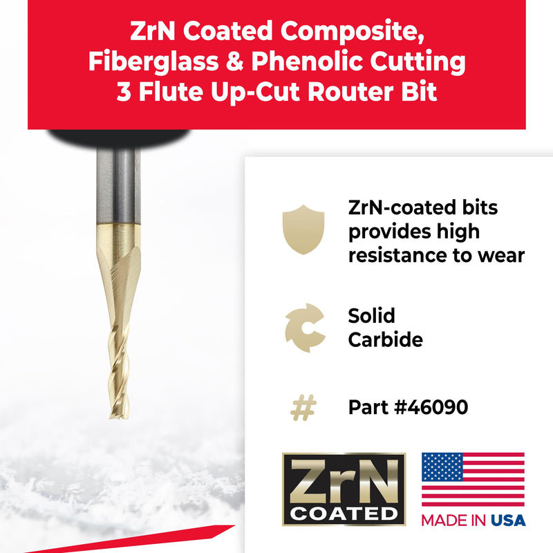 Amana Tool CNC Solid Carbide Up-Spiral Router Bit for Composite, Fiberglass, Phenolic, ZrN Coated, 46090, 1/8 Dia x 1/2 x 1/4 Shank x 2 Inch Long
