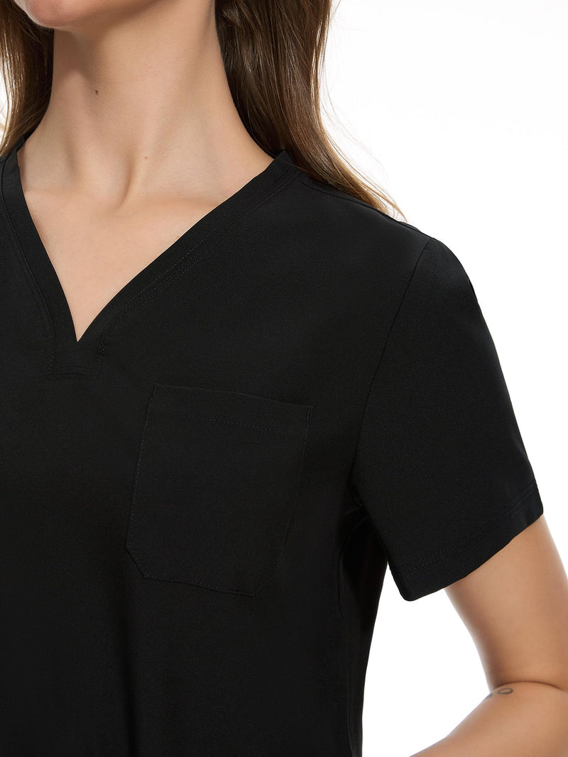 COZYFIT Medical Scrub Tops for Women - Soft Stretch,Curved V-Neck Scrub Tops with 3 Pockets Black X-Large