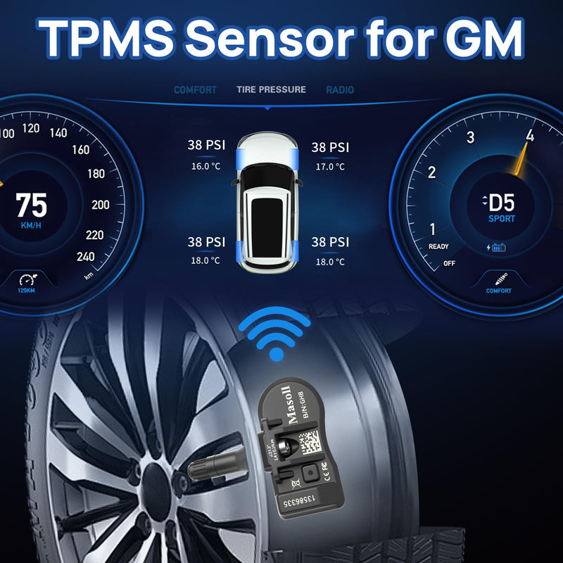 TPMS Sensor for GM, Tire Pressure Sensor for Chevy Silverado Buick Cadillac GMC, 2026 New Upgrade Tire Pressure Monitoring Sensor 4-Pack, Dual-Antenna Design Tire Sensor 4 Sensors