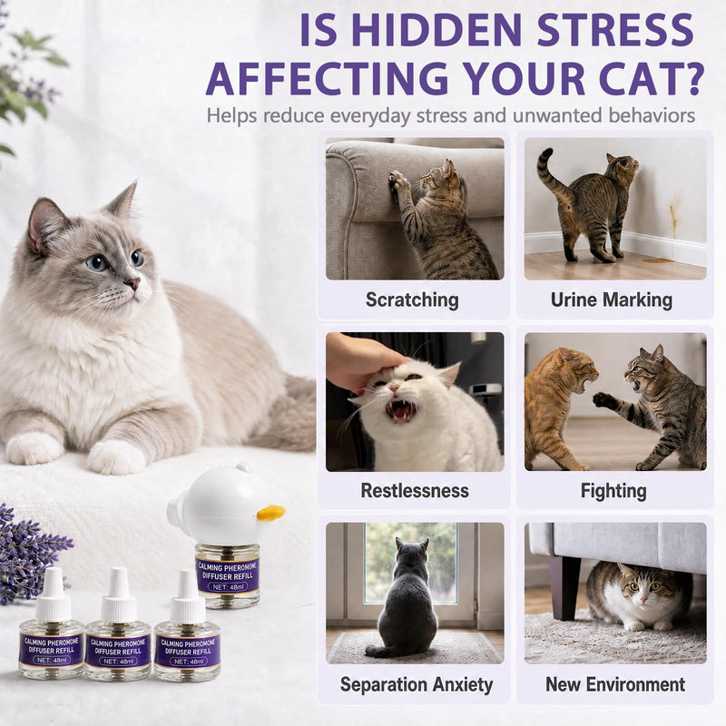 Cat Calming Diffuser with 3 Refills, 3 x 30 Day Cat Pheromone Diffuser for Stress, Fighting, Aggression, Excessive Meowing & Scratching, Best for Multi-Cat Home